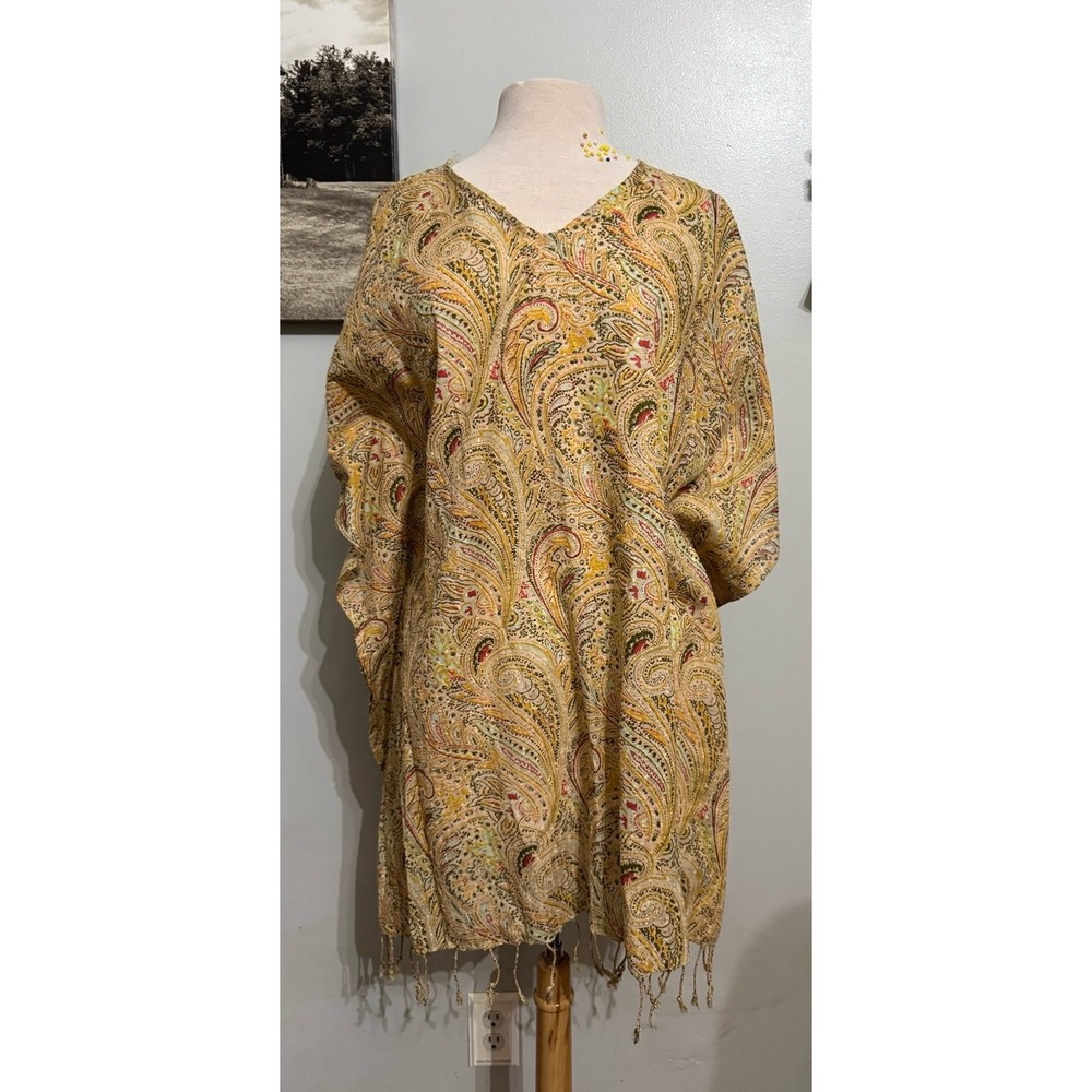 KBAS paisley all over print tan coverup kaftan kurta dress with bottom tassels